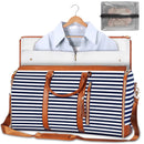 Blue Stripe Convertible Garment Duffel Bag with Leather Accents - Travel Weekender Bag for Suits and Dresses