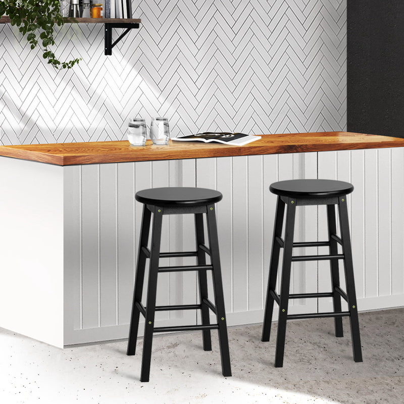 2x Bar Stools Round Chairs Wooden Black