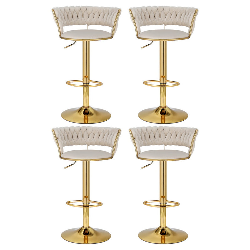 4x Bar Stools Gas Lift Velvet Woven Backrest Ivory