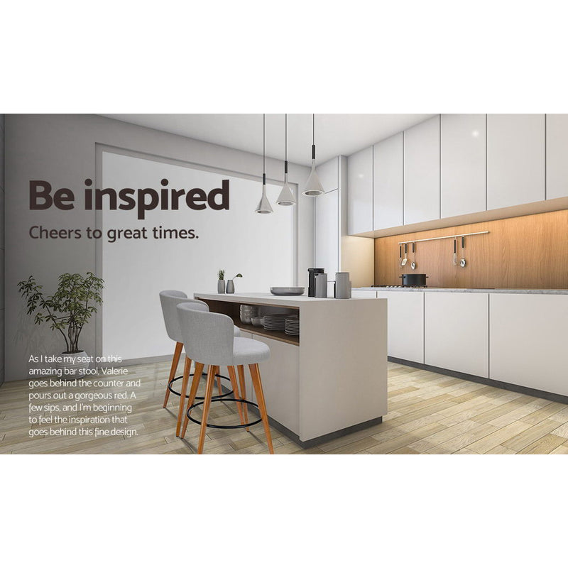 4x Bar Stools Linen Padded Wooden Grey