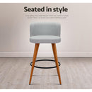 4x Bar Stools Linen Padded Wooden Grey