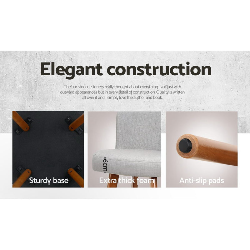 4x Bar Stools Linen Padded Wooden Grey