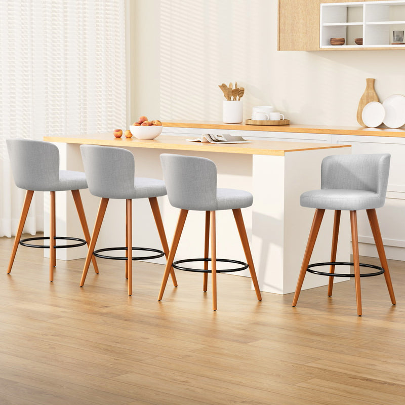 4x Bar Stools Linen Padded Wooden Grey