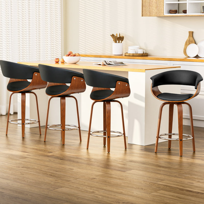 4x Bar Stools Swivel PU Seat Wooden