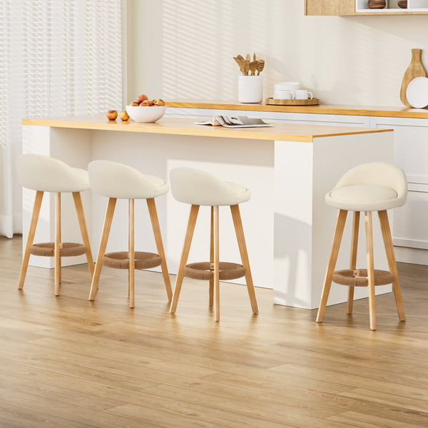 4x Bar Stools Padded Leather Wooden Beige