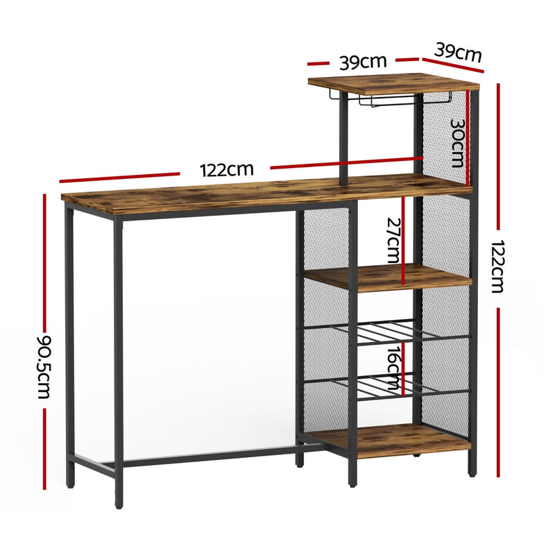 Industrial Bar Table with Wine Rack Cup Holder Multi-Level Storage 122cm Walnut