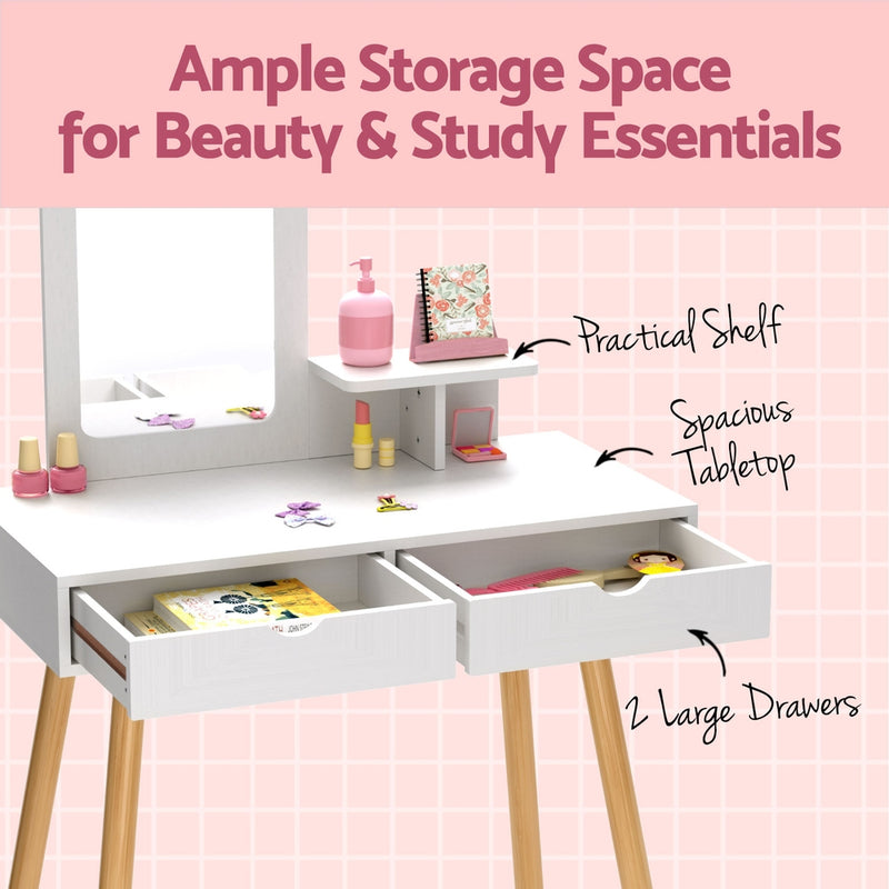 Keezi Kids Dressing Table Vanity Makeup Chair Set with Mirror Drawers Wooden Legs