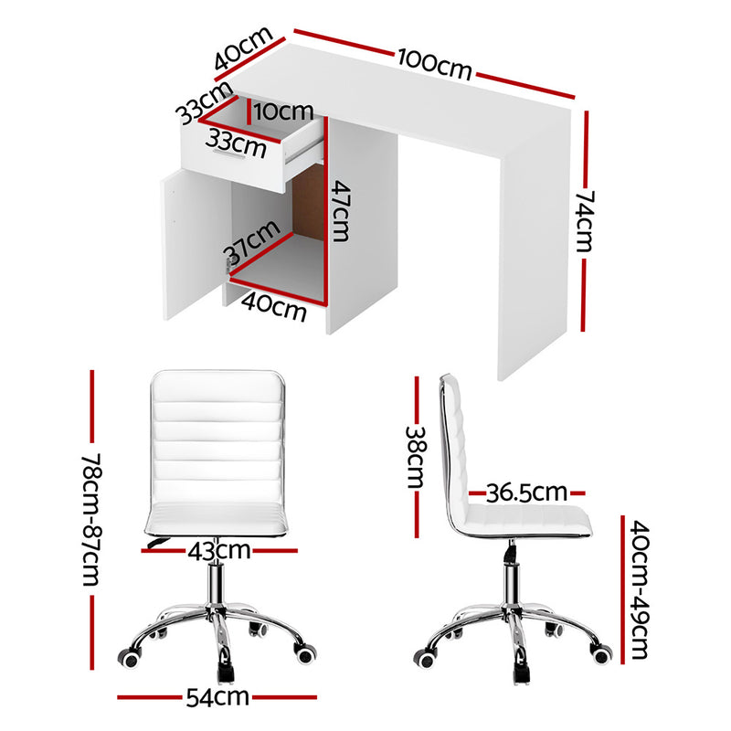 Computer Desk Office Chair Set PU Leather Home Study Table 100cm White