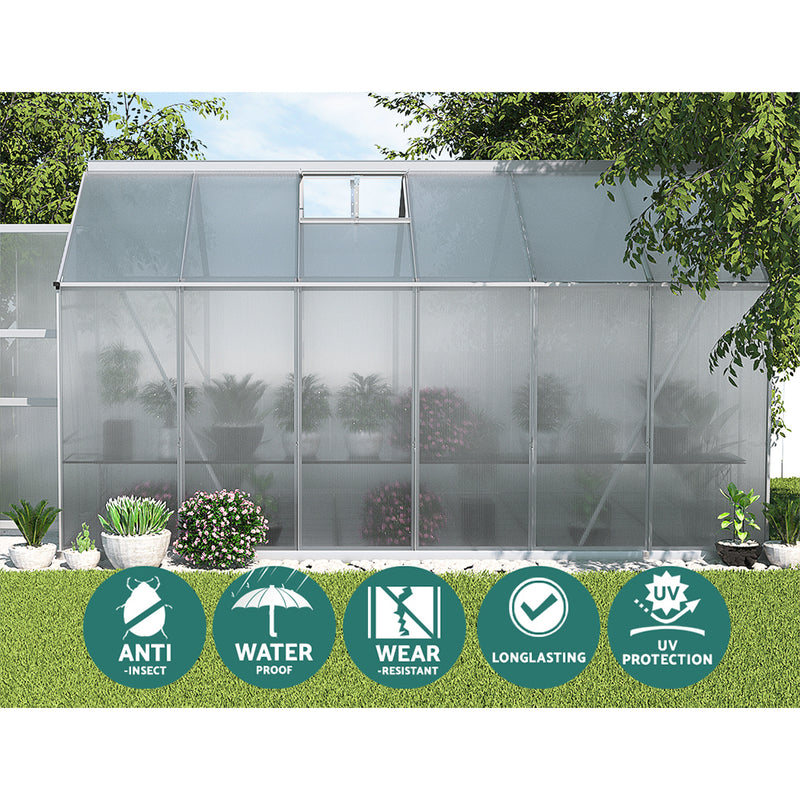 Greenhouse 3.7x2.5x2.26M Double Doors Aluminium Green House Garden Shed