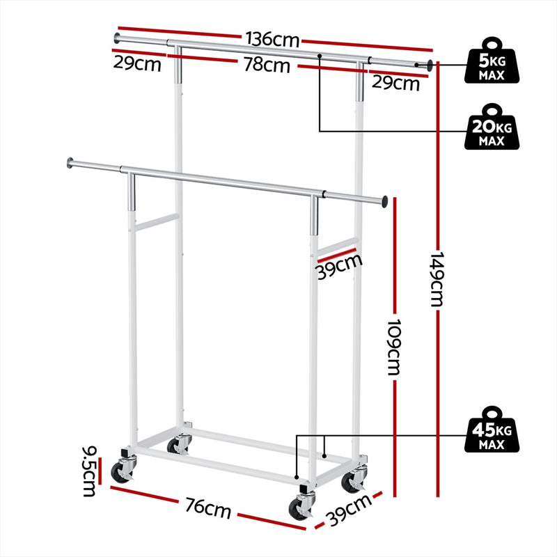 Artiss Clothes Rack Double Rod Airer Rail Coat Stand Adjustable Hanger