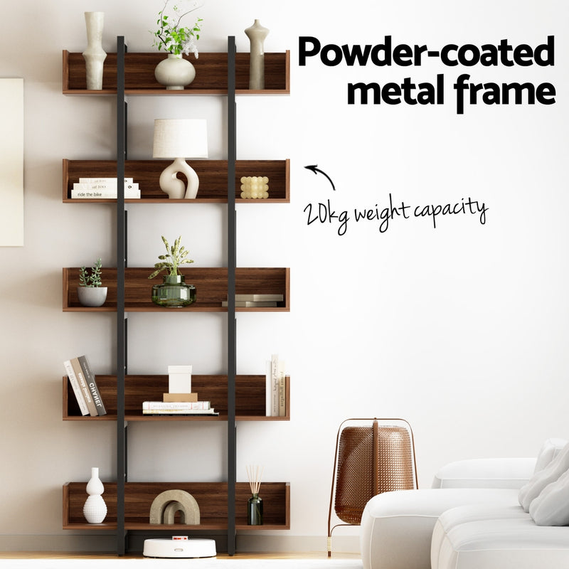 Bookshelf 5-Tier Bookcase Display Shelves Metal Storage Stand Rack Walnut