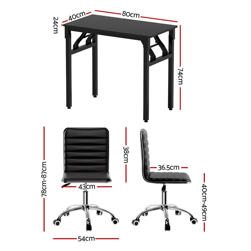 Computer Desk Office Chair PU Leather Set Foldable Home Study Table Black