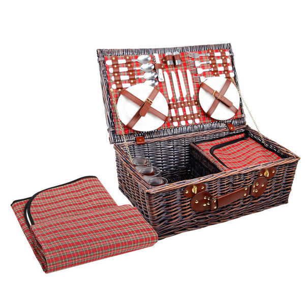 Alfresco 4 Person Picnic Basket Set Insulated Blanket Bag Red