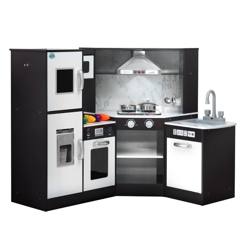 Kids Kitchen Play Set Wooden Pretend Cooking Playset w/Sounds Lights Black