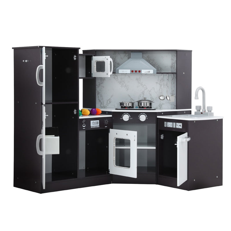 Kids Kitchen Play Set Wooden Pretend Cooking Playset w/Sounds Lights Black