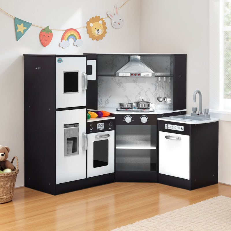 Kids Kitchen Play Set Wooden Pretend Cooking Playset w/Sounds Lights Black