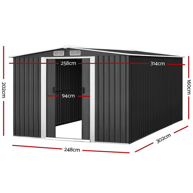 Garden Shed 2.58x3.14M w/Metal Base Sheds Outdoor Storage Workshop Shelter Sliding Door