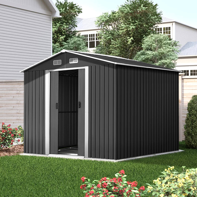 Garden Shed 2.58x3.14M w/Metal Base Sheds Outdoor Storage Workshop Shelter Sliding Door