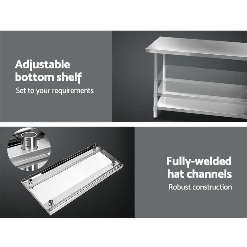 1524x610mm Stainless Steel Kitchen Bench with Wheels 304