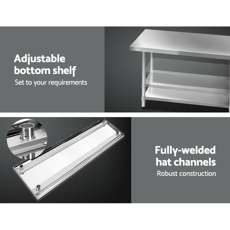 1829x760mm Stainless Steel Kitchen Bench with Wheels 430