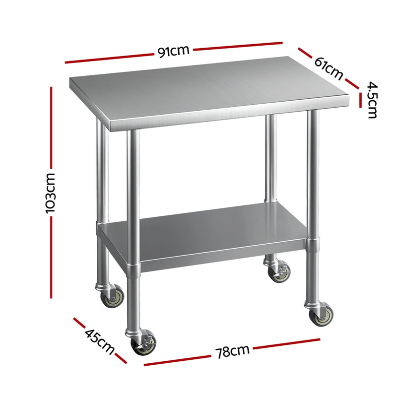 Stainless Steel Kitchen Benches Work Bench Wheels 91X61CM 430