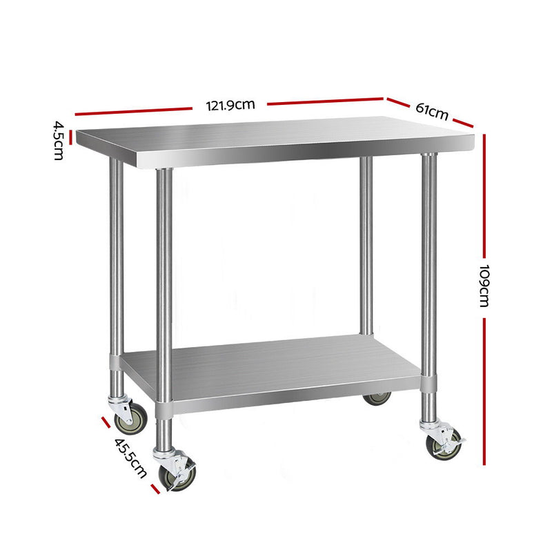 1219x610mm Stainless Steel Kitchen Bench with Wheels 430
