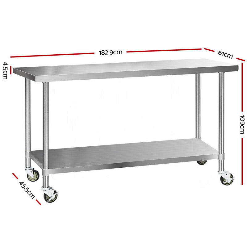 1829x610mm Stainless Steel Kitchen Bench with Wheels 430