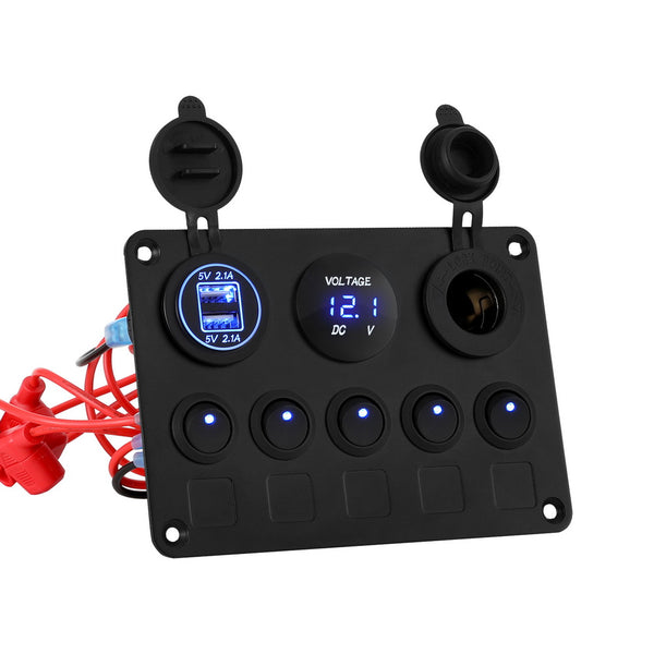 5 Gang 12V Switch Panel For Car Boat Marine USB ON-OFF LED Rocker Toggle