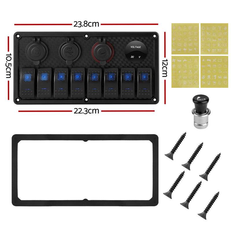 8 Gang 12V Switch Panel For Car Boat Marine USB ON-OFF LED Rocker Toggle