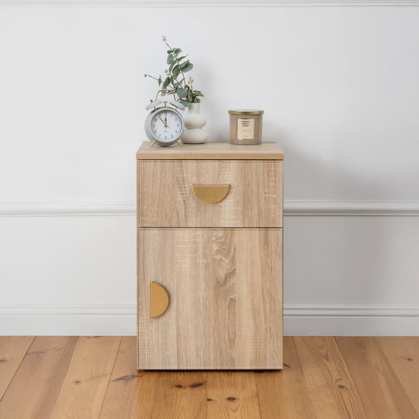 BEDSIDE TABLE - NATURAL OAK - SLIM - HALF MOON BRASS