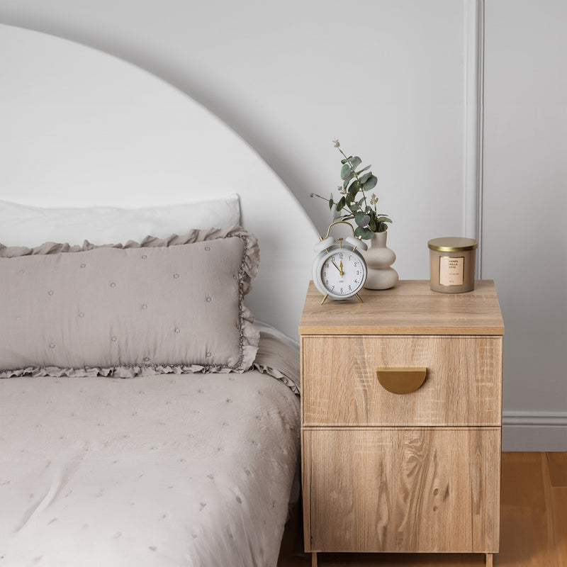 BEDSIDE TABLE - NATURAL OAK - SLIM - HALF MOON BRASS