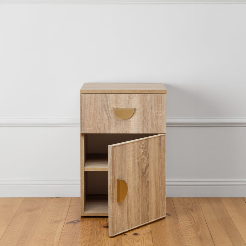 BEDSIDE TABLE - NATURAL OAK - SLIM - HALF MOON BRASS