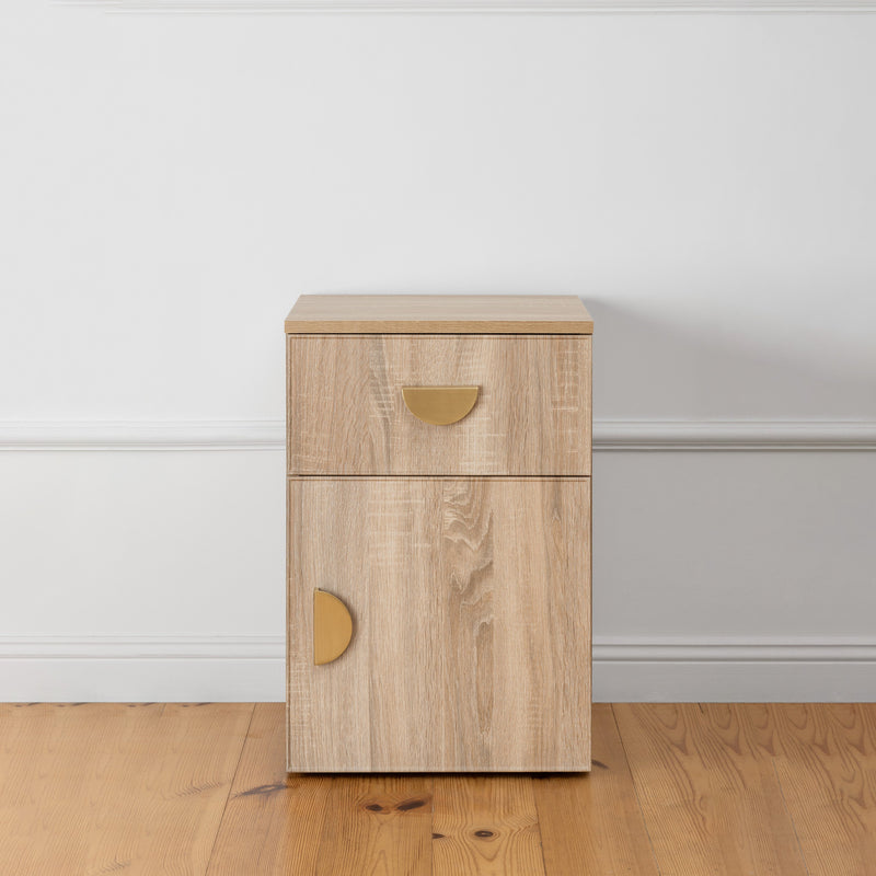 BEDSIDE TABLE - NATURAL OAK - SLIM - HALF MOON BRASS