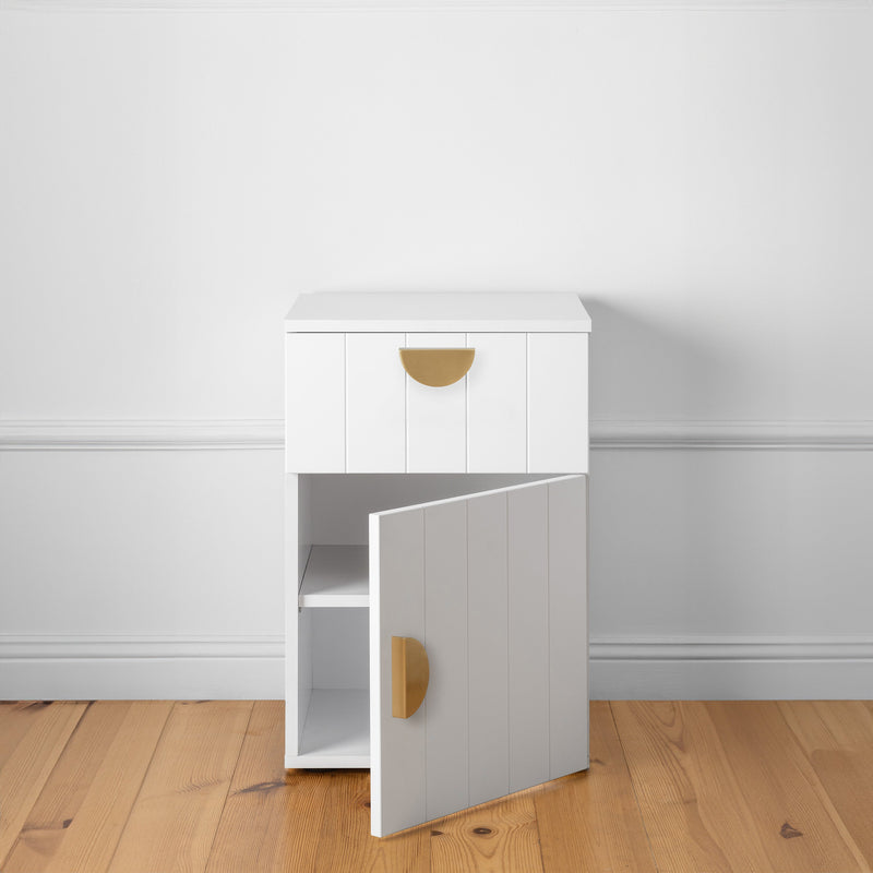 BEDSIDE TABLE - WHITE - VJ PANEL - HALF MOON BRASS