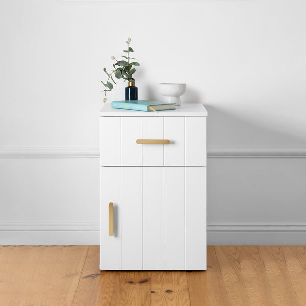 BEDSIDE TABLE - WHITE - VJ PANEL - OVAL BRASS