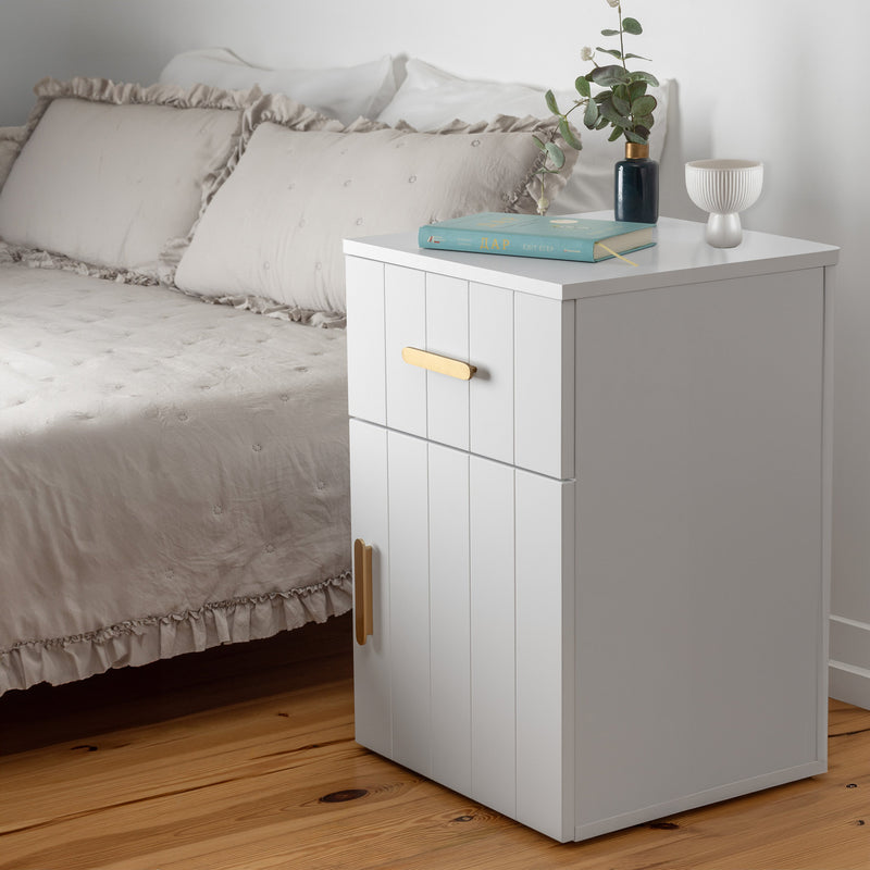 BEDSIDE TABLE - WHITE - VJ PANEL - OVAL BRASS