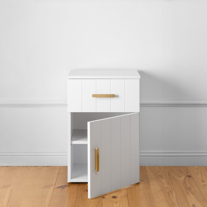 BEDSIDE TABLE - WHITE - VJ PANEL - OVAL BRASS
