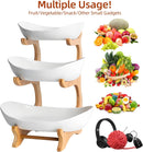 CARLA HOME 3-Tier Ceramic Fruit Bowl Basket with Bamboo Stand for Kitchen Counter, Snack Tray, Dessert Server & Vegetable Storage Rack