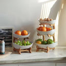 CARLA HOME 2-Tier Ceramic Fruit Bowl Basket with Bamboo Stand for Kitchen Counter, Snack Tray, Dessert Server & Vegetable Storage Rack