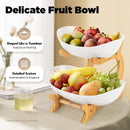 CARLA HOME 2-Tier Ceramic Fruit Bowl Basket with Bamboo Stand for Kitchen Counter, Snack Tray, Dessert Server & Vegetable Storage Rack