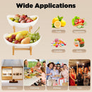 CARLA HOME 2-Tier Ceramic Fruit Bowl Basket with Bamboo Stand for Kitchen Counter, Snack Tray, Dessert Server & Vegetable Storage Rack
