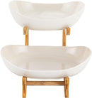 CARLA HOME 2-Tier Ceramic Fruit Bowl Basket with Bamboo Stand for Kitchen Counter, Snack Tray, Dessert Server & Vegetable Storage Rack