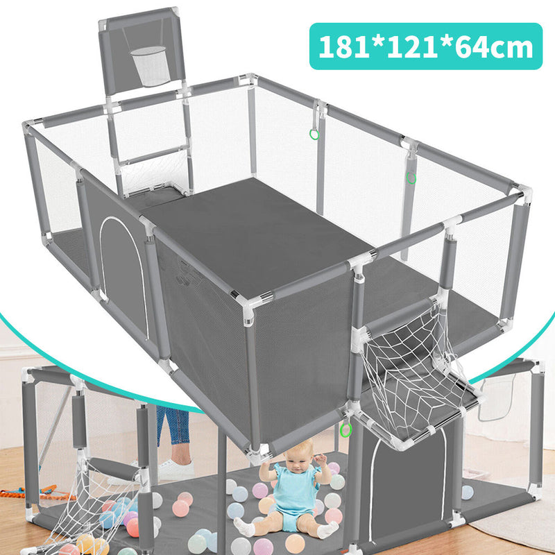 Grey Baby Playpen with Safety Gate