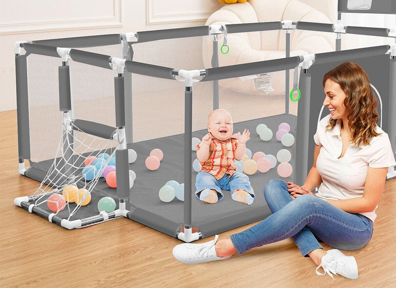 Grey Baby Playpen with Safety Gate