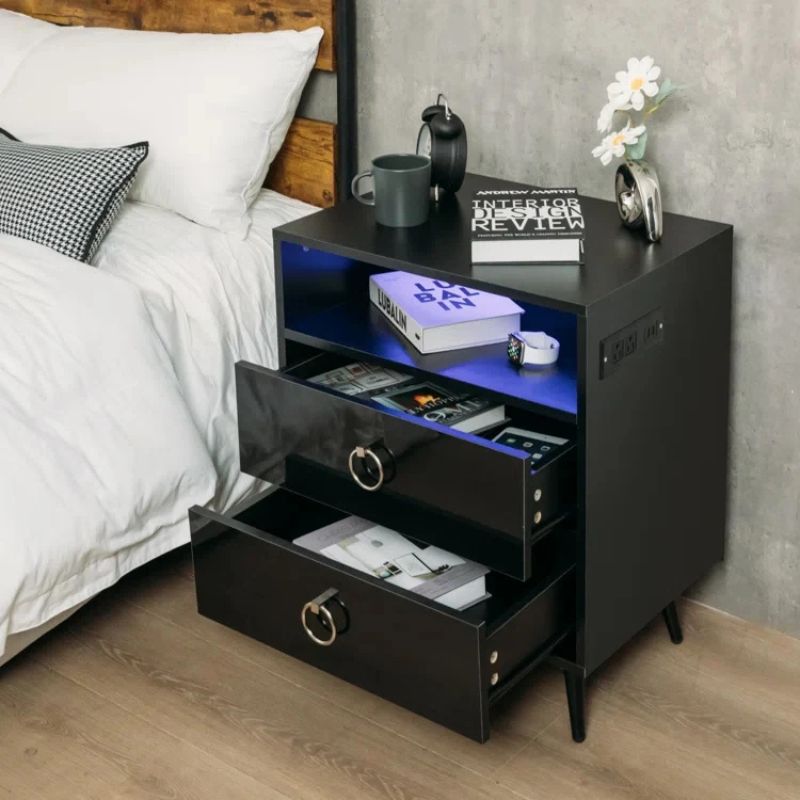 Modern LED Bedside table with USB and power socket black x 2