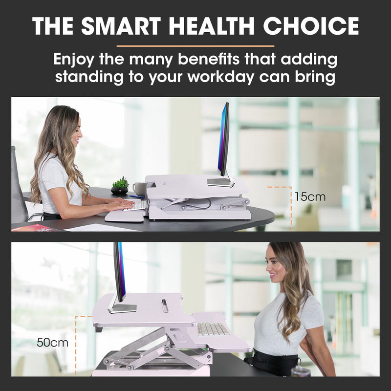 FORTIA Desk Riser 90cm Wide Adjustable Sit to Stand, for Dual Monitor, Keyboard, Laptop, White