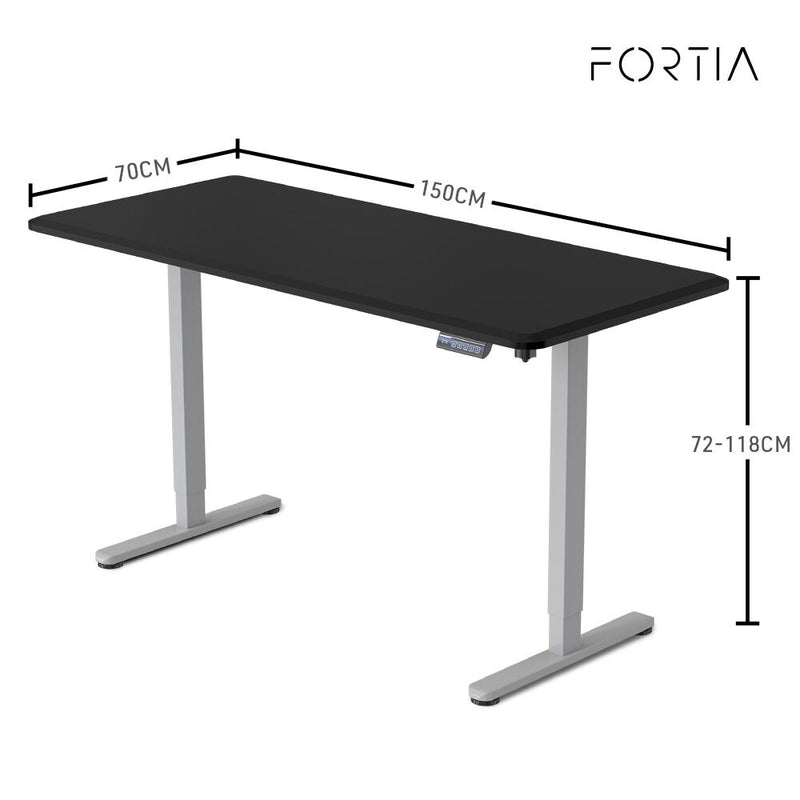FORTIA Sit To Stand Up Standing Desk, 150x75cm, 72-118cm Electric Height Adjustable, 50kg Rated, Black/Silver Frame