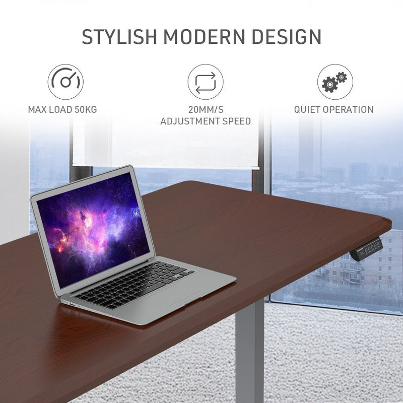 FORTIA Sit To Stand Up Standing Desk, 150x75cm, 72-118cm, Height Adjustable, 50kg Rated, Walnut Style/Silver Frame