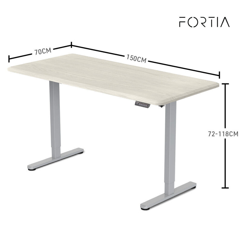FORTIA Sit To Stand Up Standing Desk, 150x75cm, 72-118cm, Height Adjustable, 50kg Rated, White Oak Style/Silver Frame