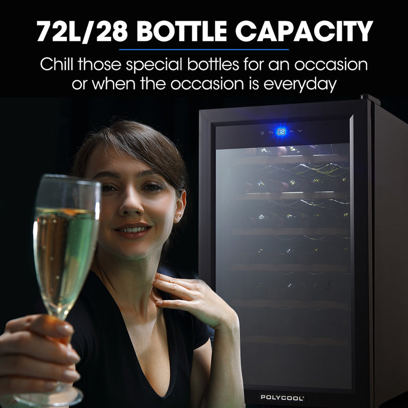 POLYCOOL 72L 28 Bottle Wine Bar Fridge Countertop Cooler Compressor Mirrored Glass Door, Black